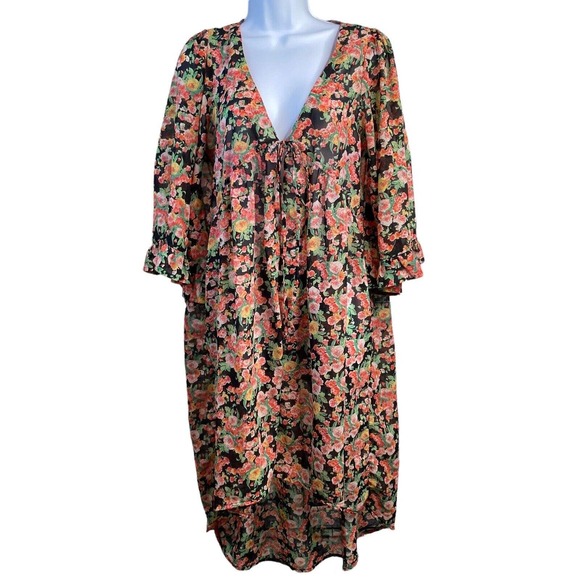UNIF Dresses & Skirts - Unif Floral Midi Dress Womens Sz M Pink Black Floral 3/4 Sleeves Boho Flirty